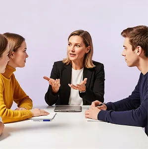 A woman in black speaking to three attentive young adults around a white table with notebooks.
