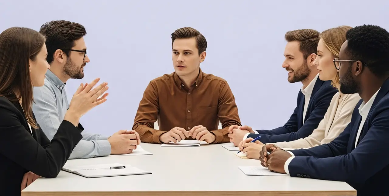 Six diverse business people engaged in a discussion around a white table in a meeting room.