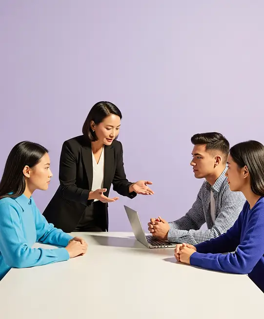 A woman in a black blazer speaks to three attentive colleagues at a table with a laptop.