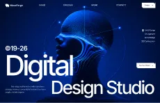 Blue digital wireframe of a human head with neural network patterns on a dark background.