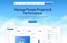 Dashboard interface showing project management metrics, calendar, tasks, and performance charts.