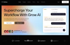 Website homepage with Grow AI headline, sign-up buttons, user ratings, and a chat interface preview.