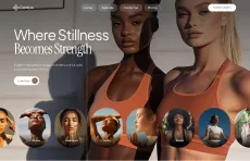Two women in orange athletic wear with seven small circular images below showcasing yoga and meditation.