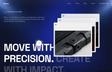 Website homepage showing a weapon image with 'Move with precision' text on a dark blue background.