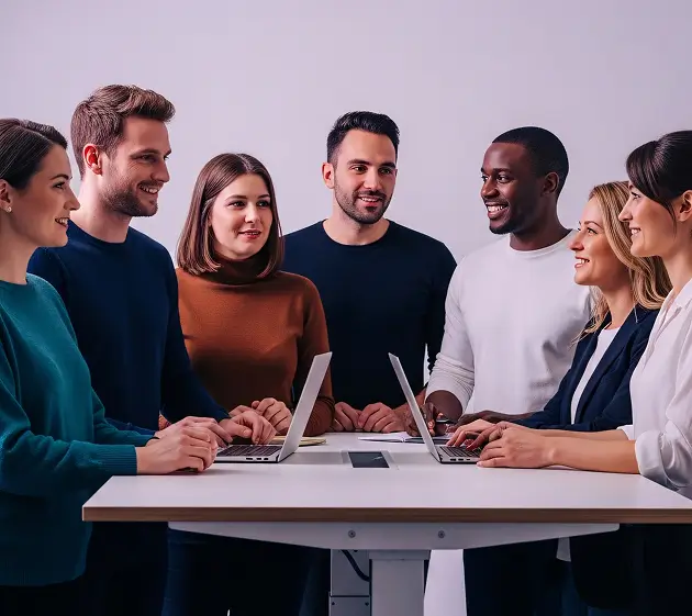 Seven diverse colleagues standing around a table with laptops, smiling and engaged in discussion.