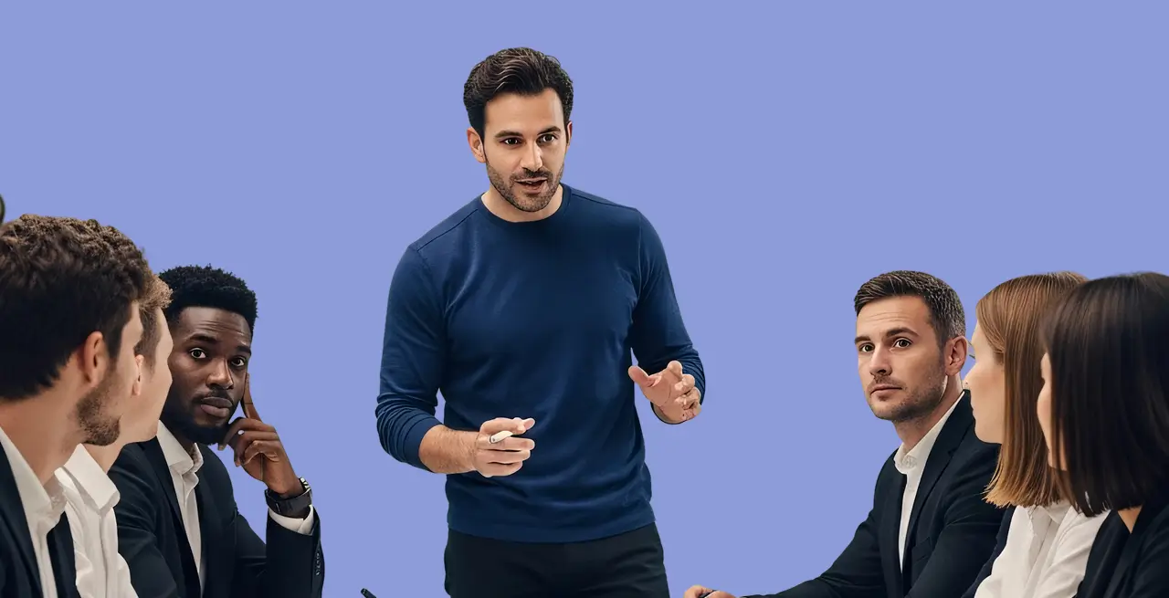 Man in navy shirt speaking to group of diverse professionals seated around a table.