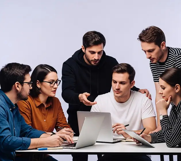 Team of five young professionals collaborating around laptops and a tablet at a table.