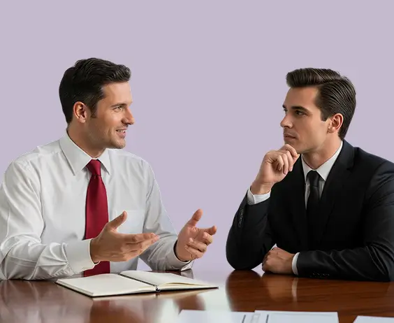 Two men in business attire having a discussion at a wooden table with an open notebook.