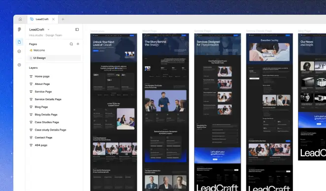 Web design UI showing a workspace with pages and multiple webpage mockups in a design app.