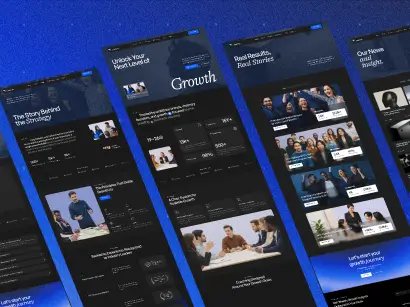 Screens showing a dark-themed app interface with growth stats, user stories, and news updates on a blue background.