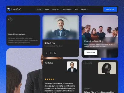 Website section showing executive coaching, leadership profiles, and business growth services.