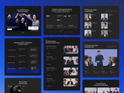 Collage of webpage sections showing team photos, stats, client logos, and coaching details on dark backgrounds.