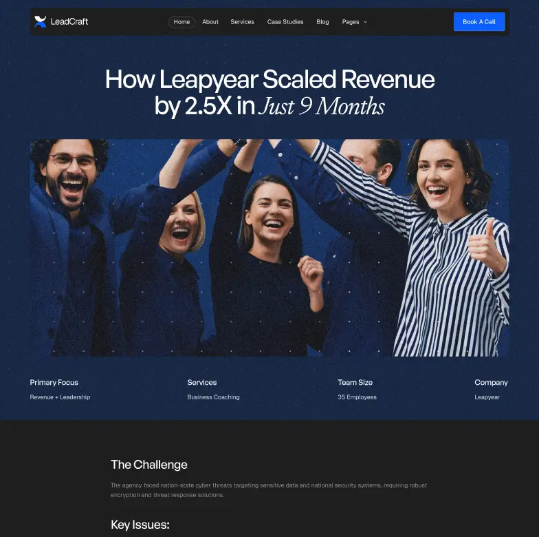 Four happy colleagues celebrating with raised hands and smiles against a dark blue background.