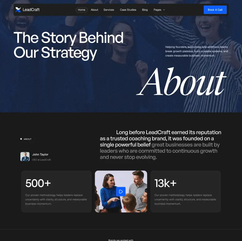 LeadCraft About page showing strategy story, coaching brand statement, team photo, and business growth stats.