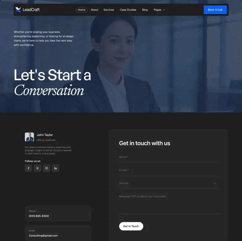 LeadCraft website contact page with a woman's faded image, menu, and contact form for inquiries.