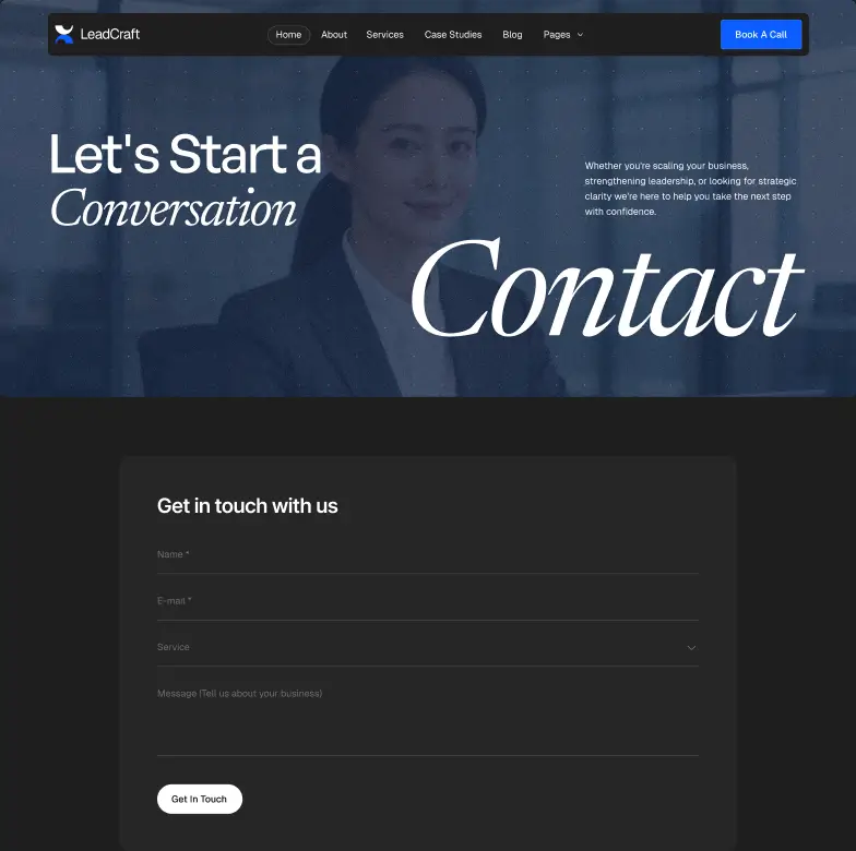 LeadCraft website contact page with a form to start a conversation and book a call.