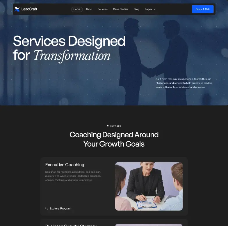 Website homepage header with two businessmen shaking hands and coaching services overview.